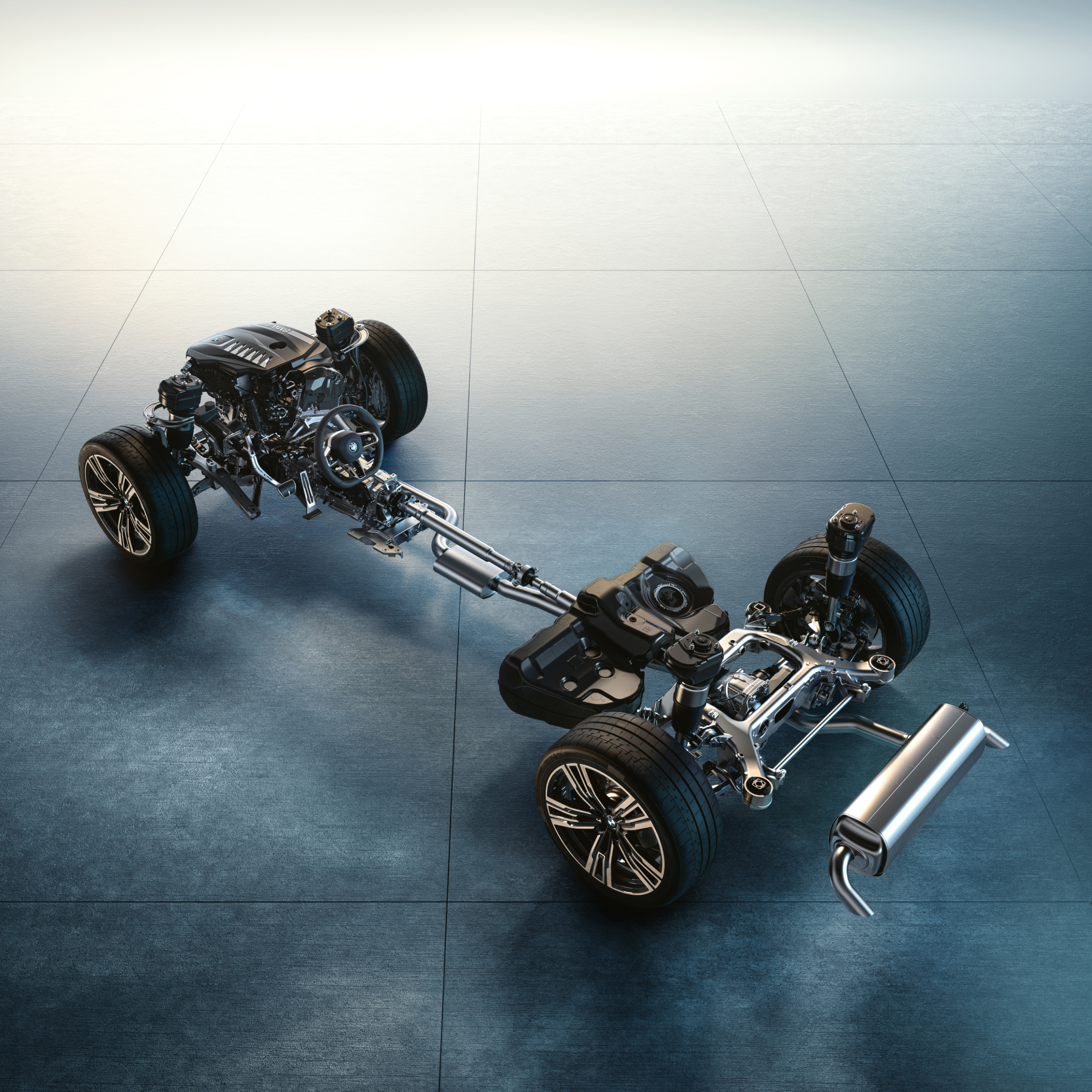 Das Fahrgestell eines BMW wird detailliert dargestellt 